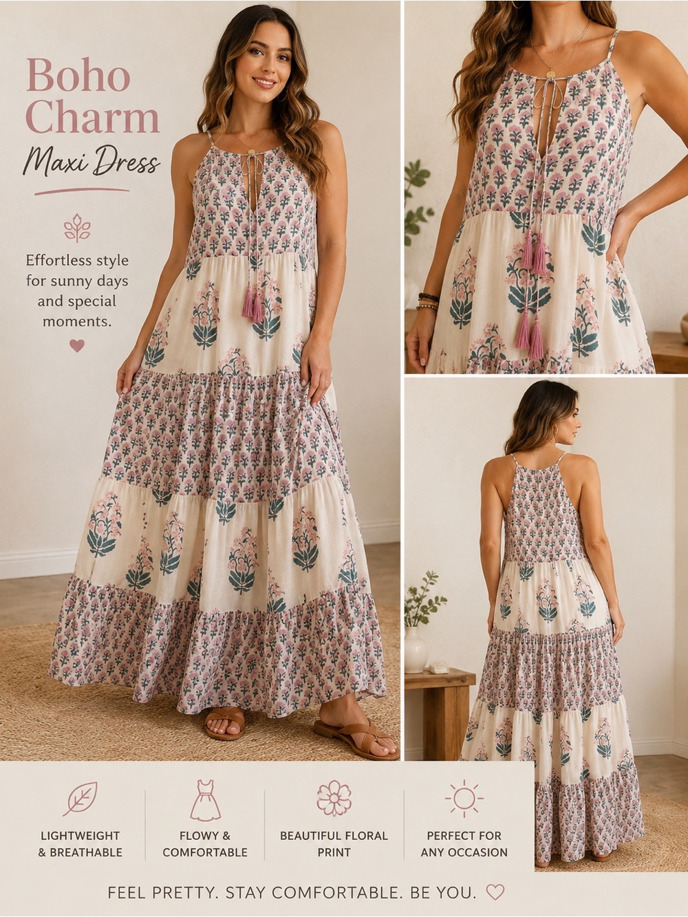 Oliphant Maxi Sun Dress Floral Block Boho Flowy Cotton Lined Ltweight Tassels XS